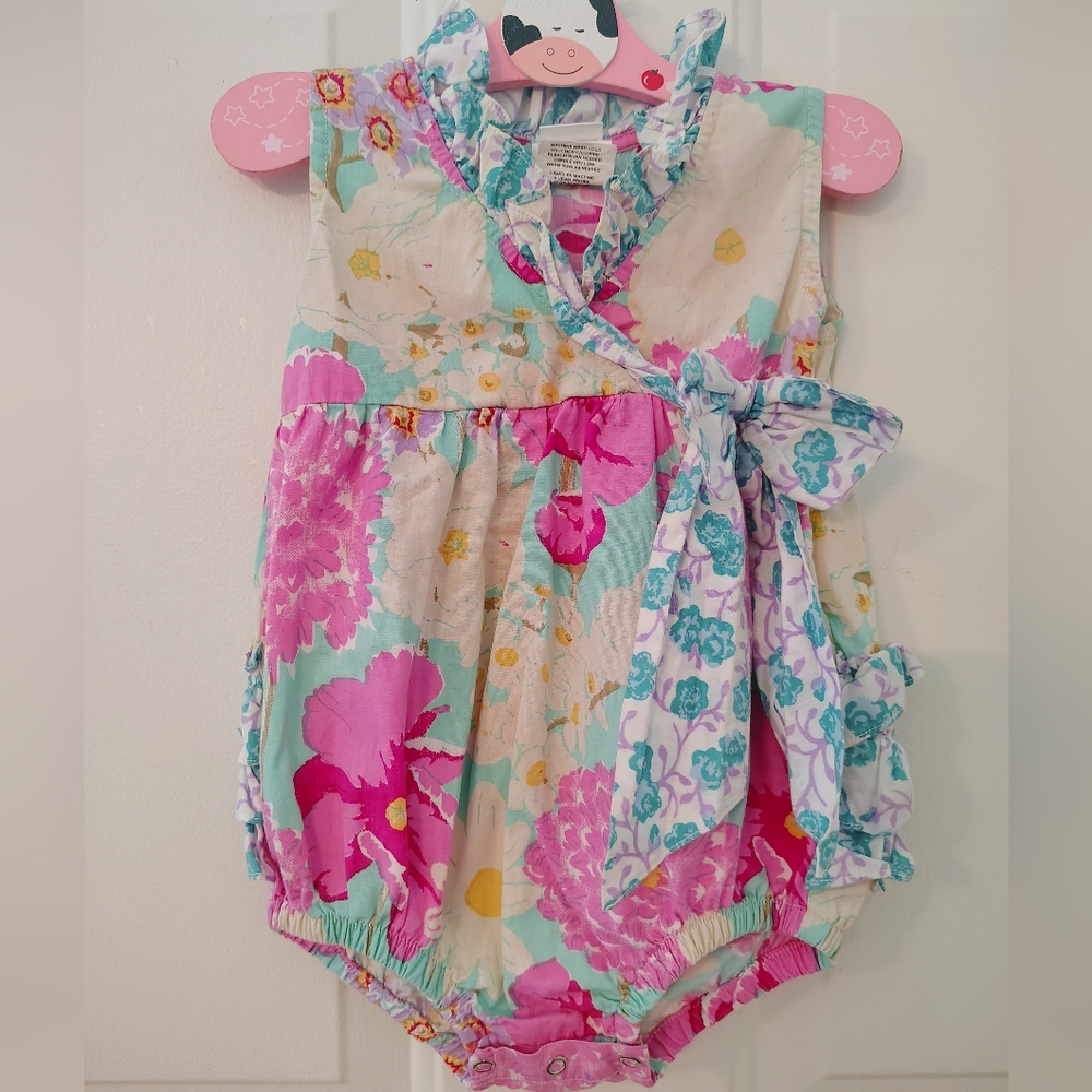RuffleButts floral bubble romper sunsuit baby girl 12-18 months kimono vintage